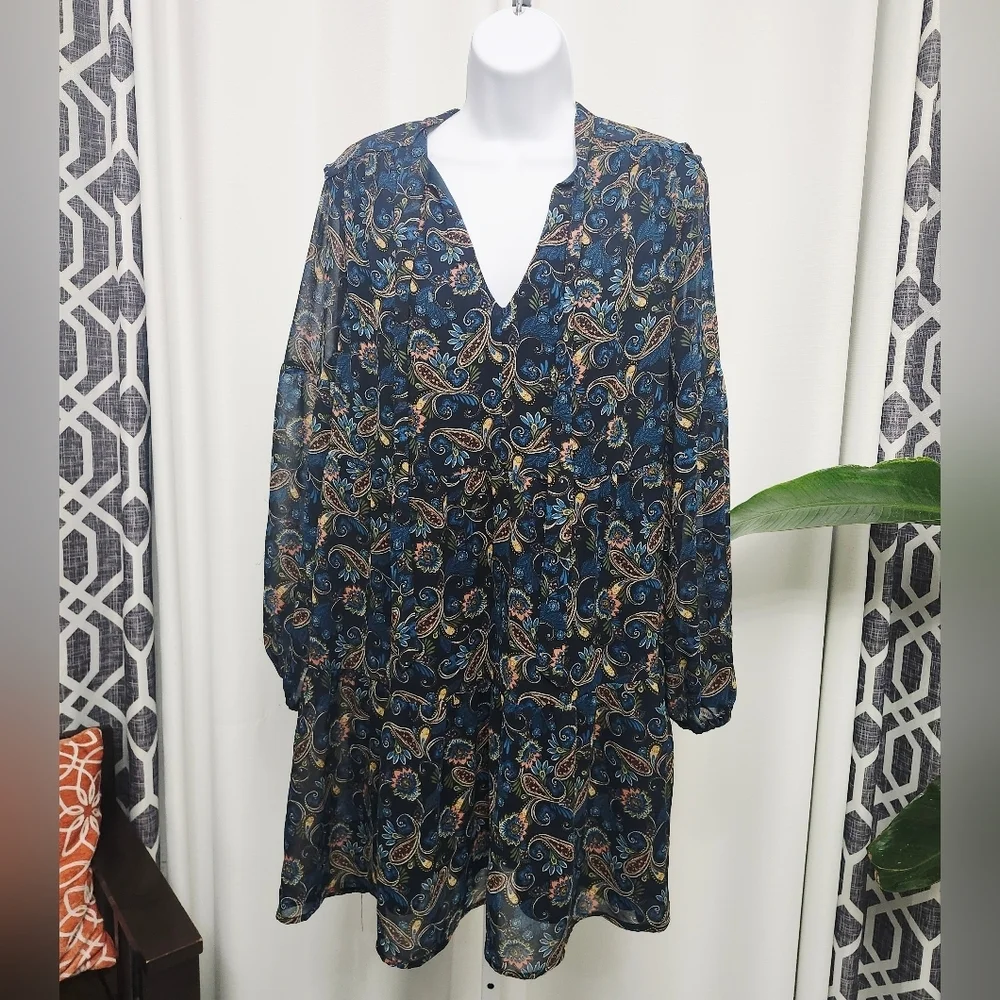 Luxology Blue and Gold Paisley Long Sleeve Flowy Dress - Picture 1 of 7